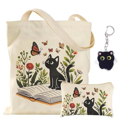 ZXTGBQ Bolsa de Lona y Pequeña Bolsa de Cosméticos Diseño de Gatos y Libros Bolso de Compras Reutilizable para El Día a Día Oficina Viaje Escolar y Compras