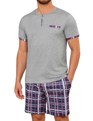 Uniexcosm Pijamas Hombre Verano Corto, Pijamas Cuadros Hombre Pijama Algodón Ropa de Casa Cuello Redondo con Abertura Abotonada Manga Corta con Bolsillos y Pantalón con Bolsillo,Gris,M