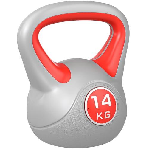 SPORTNOW Pesa Rusa 14 kg, Kettlebell Revestimiento de PU y Relleno de Arena, Mango Ancho, para Entrenamiento Culturismo, en Casa, Gimnasio, Rojo y Gris