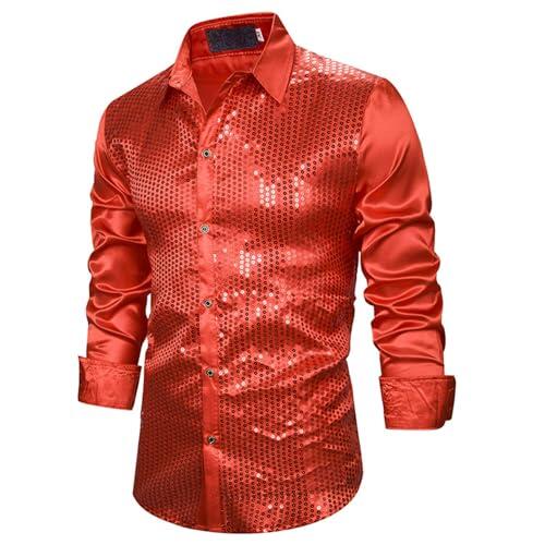 Camisa de Lentejuelas para Hombre de Manga Larga Camisas Corte Ajustado para Discoteca Club Nocturno Baile 70 Años Camisas (Red, L)