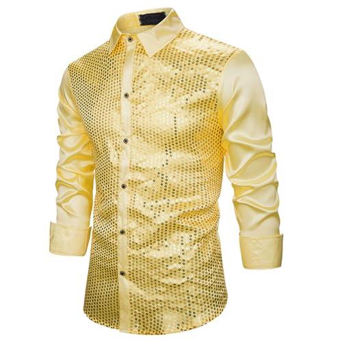 Camisa de Lentejuelas para Hombre de Manga Larga Camisas Corte Ajustado para Discoteca Club Nocturno Baile 70 Años Camisas (Gold, XL)