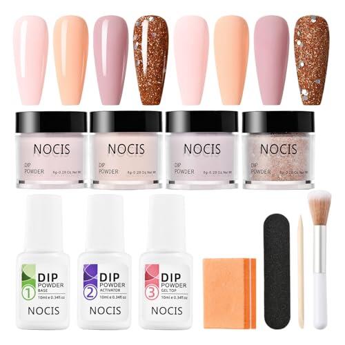 Kit de uñas en polvo de inmersión, kit de polvo de inmersión de uñas de 4 colores para arte de salón de bricolaje en el hogar, acabado brillante o esmerilado con activador de capa superior
