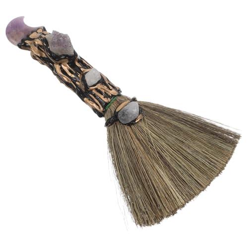 TOGEVAL Escoba de Mano Pequeña de Miscanthus Adorno de Cristal de Amatista Natural en Forma de Luna Escoba de Escritorio para Limpieza Precisa de Interiores y Decoración Mágica para