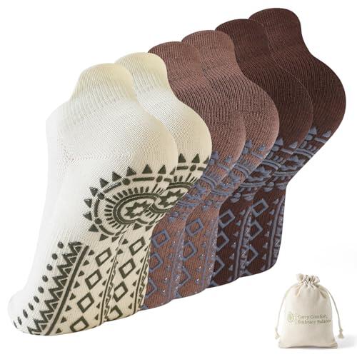 BISOUSOX Calcetines de Yoga con Bolsa Mujer Calcetines de Pilates Cortos Antideslizantes Transpirable Algodon Gimnasio Barra Fitness Regalo para Mujer Madre Embarazada 3 Pares