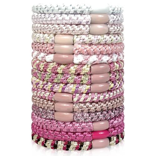 Sularpek 15 Piezas Gomas de Pelo Trenzadas Rosa, Coleteros de Algodón Suave para Mujer, Gomas Elásticas Sin Metal para Pelo Fino, Grueso, Liso y Rizado
