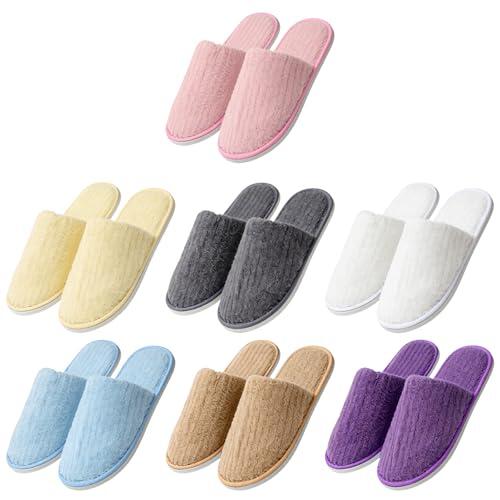 Halorin Juego de 7 pares de pantuflas de hotel, multicolor, tamaño universal, antideslizantes, vellón coral, lavables, para hotel, casa, dormitorio, baño (7 colores)