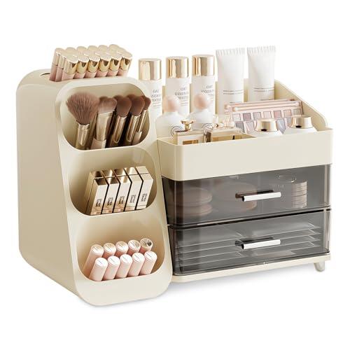 MFUSUL Organizador de Maquillaje para Tocador, Organizador Perfumes y Cremas con Cajones, Gran Capacidad, para Pintalabios Cuidado, Blanco Lechoso