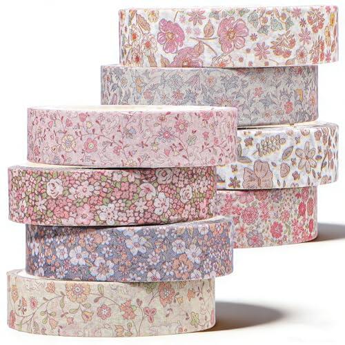 DOPENSPI Juego de 8 rollos de cinta washi vintage, 1 cm de ancho, autoadhesiva, para decoración de pared, manualidades de máscaras para álbumes de recortes, embalaje artesanal (estampado floral)