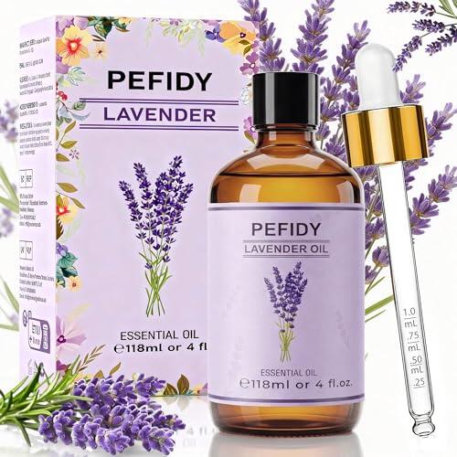 PEFIDY aceite esencial lavanda 118 ml, aceite de lavanda 100% natural, ideal para aromaterapia, humidificadores, velas aromáticas, relajación y proyectos DIY