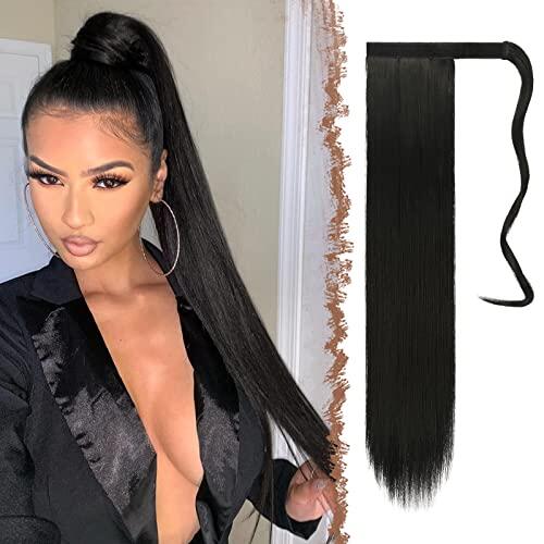 FESHFEN Coleta Postiza Extension - Largo Liso Postizos de Pelo Natural Negro Azabache Sintética Ponytail Extensions de Cabello Cola de Caballo Extensiones para Mujeres, 60 cm
