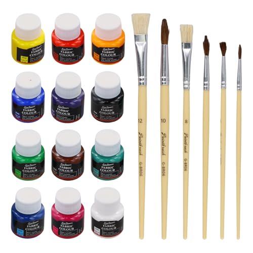 Samlonge Pintura Textil, Pintura para Tela Permanente 12 Colores x 25ml, Tinte para Ropa con 6 Pinceles, Tinte Ropa para Pintar Shirts, Camisetas, Zapatillas, Jeans, Sneakers y Cualquier Tejido