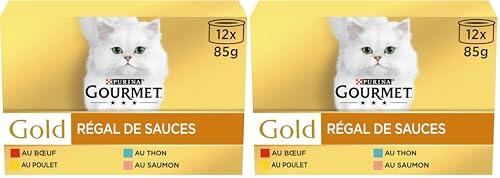 GOURMET Gold, Regal de Salsas, Caja, Gato, Carne de Res, Pollo, salmón, atún, 12 x 85 g (Paquete de 2)