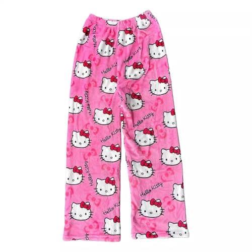 Pantalón de Pijama Anime para Mujer, Pijama de Franela Rosa con Diseño Cartoon Kawaii, Tallas EU (l)