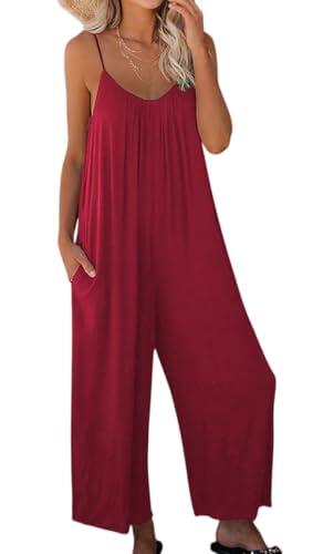 Cozyan Mono Peto Suelto De Mujer Verano Tirantes Finos Ropa Pierna Ancha Con Bolsillos Casual Color Sólido Playa Pantalón Peto Mujer Monos Pantalones Palazzo con Bolsillos Casual Jumpsuit