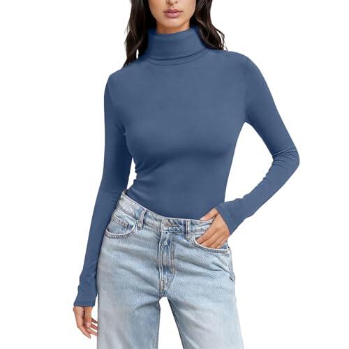 Camisetas Mujer Manga Larga Camiseta Manga Larga Mujer Suave Cómoda Algodón Top Básica Camiseta Casual Brillante Cuello Redondo Ajuste Holgado Azul electrico