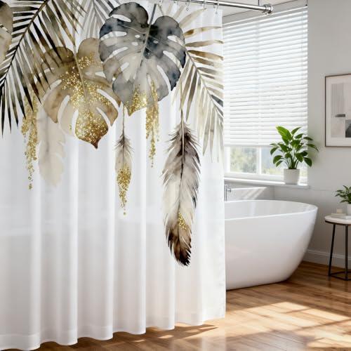 Hobbspring Juego de cortina de ducha simple con ganchos de hojas bohemias, 12 plantas, tinta y estilo de lavado, cortinas de ducha para baño, hotel, agua, cortina de baño, cuadrada, 183 x 183 cm, 1