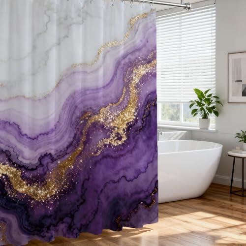 Hobbspring Cortina de ducha con patrón de mármol lila bohemia impermeable tela cortina de ducha conjunto con 12 ganchos 183 x 183 cm cortinas de baño brillantes para hoteles, accesorios de bañera
