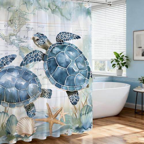 Hobbspring Juego de cortinas de ducha con diseño de tortugas marinas, con ganchos, 12 cortinas de ducha náuticas para baño, hotel, cortina de baño resistente al agua, cuadrada, 183 x 183 cm, 1 pieza