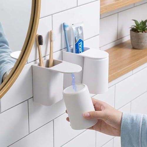 EHOENTROPY Soporte para cepillos de dientes de pared blanco, organizador magnético para cepillos eléctricos sin necesidad de taladrar, soporte para cepillo de dientes para baño y ducha con desagüe