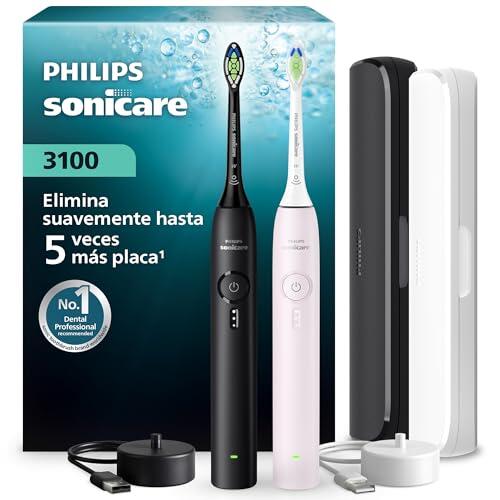 Philips Sonicare Serie 3100 - Cepillo dental sónico, sensor de presión, 3 intensidades, EasyStart, SmarTimer, autonomía 14 días, estuche, negro y rosa claro, pack doble, HX4072/42, [Nuevo]