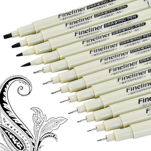 12 Piezas Micron Fineliner Bolígrafos, Punta Fina de Arte Set Impermeable Tinta Negra Bolígrafos de Dibujo Tecnico Micro Traspasan Diferentes Grosore Negro Rotuladores para Firmas Ilustraciones Diseño
