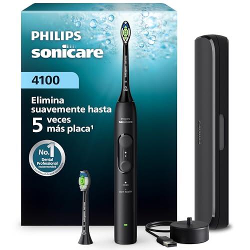 Philips Sonicare Serie 4100 - Cepillo dental sónico con sensor de presión, 4 ajustes de cepillado, EasyStart, SmarTimer, autonomía de 21 días, estuche, negro, HX4044/52, [Nuevo]