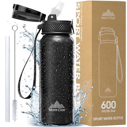 Mont-Clair Botella Agua Acero Inoxidable - Botella de Agua Deportiva - 600ml - Termica y Sin BPA - para Adultos & Niños, Deporte, Oficina, Yoga, Ciclismo, Gym - Negro