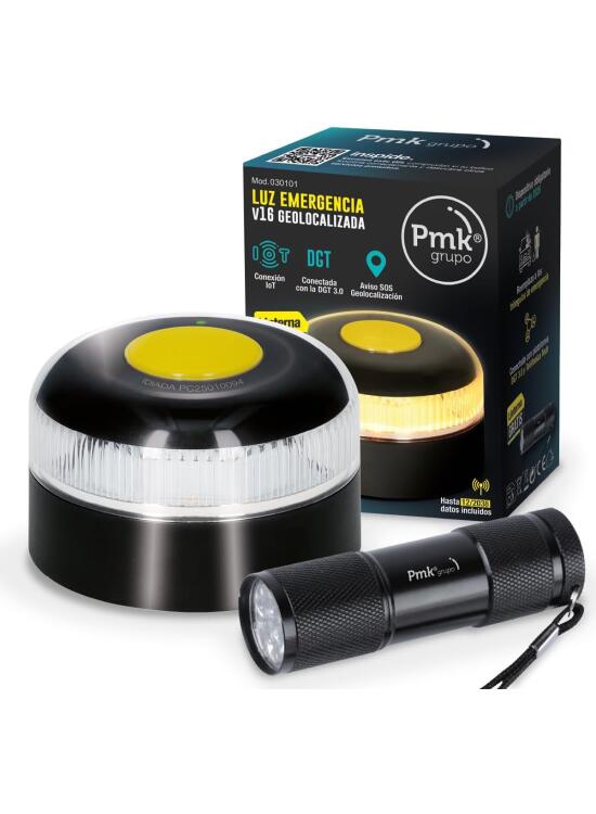 PMK GRUPO | Baliza V16 Conectada Homologada 2026 | Datos incluidos (hasta 12/2038) | Luz Emergencia LED 360º 1 km | Geolocalización GPS + SIM incluida | Conexión a DGT (Pack 1 baliza + linterna)