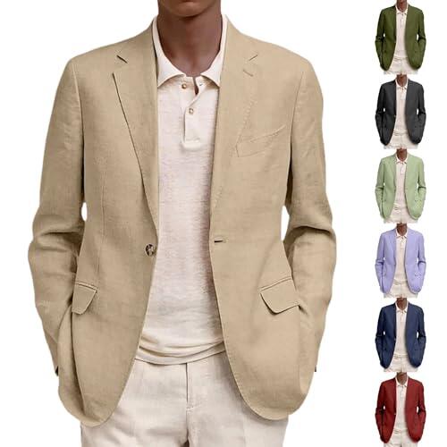 Chaqueta de lino para hombre, chaqueta de traje de ocio para hombre, ligera, con un botón, abrigos deportivos con cuello de solapa de muesca, blazer de manga larga de ajuste relajado con bolsillos