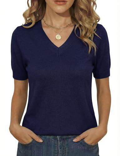 Totatuit Jersey Ligero Mujer Manga Corta Cuello V Top Elegante Fácil de Combinar para Oficina Diario y Salidas Primavera Azul Marino，XL