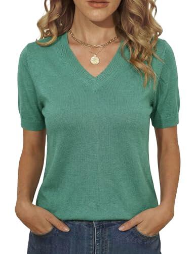 Totatuit Jersey Ligero Mujer Manga Corta Cuello V Top Elegante Fácil de Combinar para Oficina Diario y Salidas Primavera Verde，M