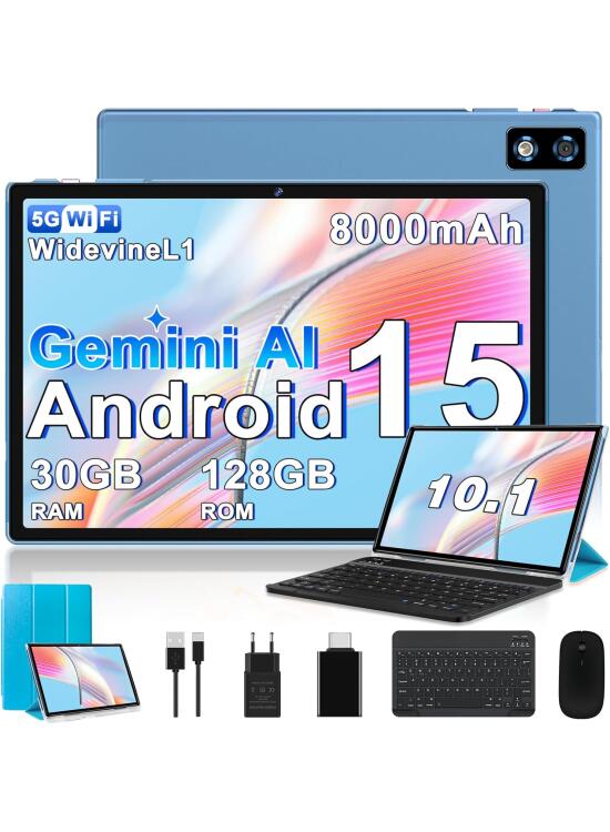 2026 último Tablet 10 Pulgadas Android 15 con Gemini AI, 30GB RAM + 128GB ROM, Octa-Core 2.0GHZ, 8000mAh, GMS, Widevine L1, GPS, OTG,5G WiFi 6 & BT 5.0,Tablet Teclado y Raton-Azul