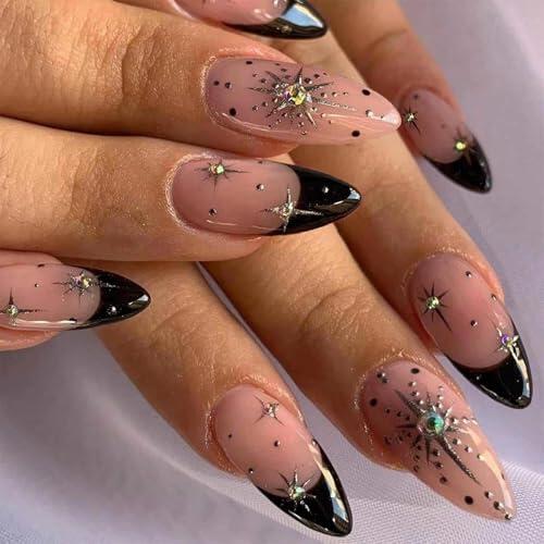 KNUIUYY 24 Piezas Nude Uñas Postizas Almendra Medianas, Manicura Francesas con Borde Negro y Estrella 3D, Acrílicas Cubierta Completa Uñas Falsas en 12 Tamaños para Mujeres y Niñas