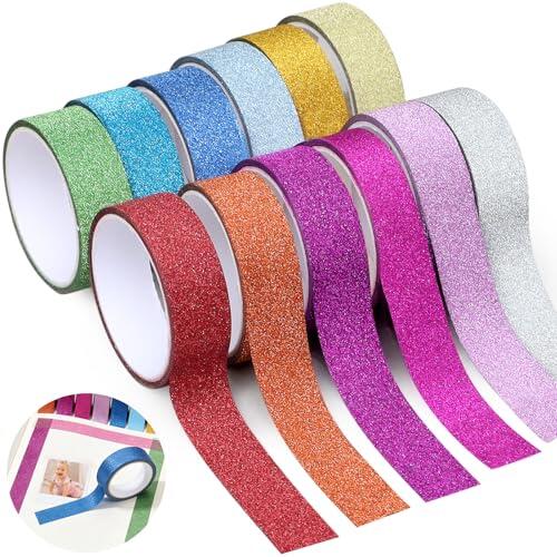 12 Rollos Washi Tape Set con Purpurina - Cinta Adhesiva Decorativa & Cinta Washi Glitter - Cintas Adhesivas de Papel para Scrapbooking, Manualidades, Bullet Journal & Envolver Regalos - 15mm x 3m