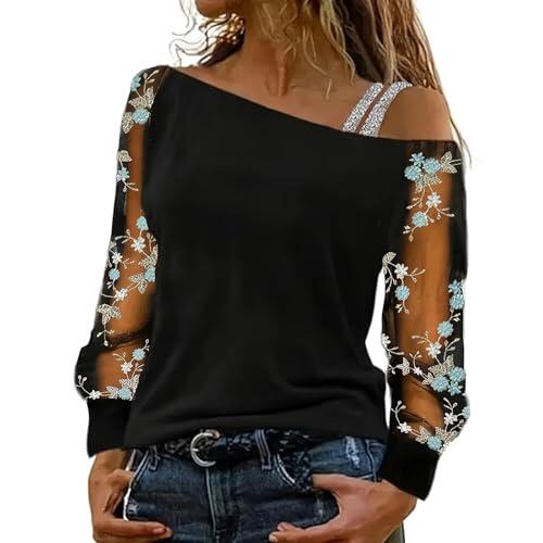 Top de Mujer con Lentejuelas y Mangas Transparentes, Camiseta Holgada de Cuello Redondo para Fiesta o Noche de Salida
