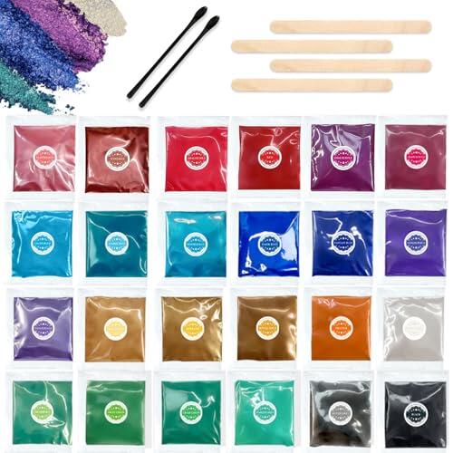 pclapora 24 Bolsa Polvo de Mica, Pigmento de Resina Epoxi 3 Gramos Paquete, Bolsa Polvo Des Mica 24 Colores, Incluye 2 Cucharas y 4 Palitos Madera, Resina Epoxi, Revestimiento Artístico, Pintura