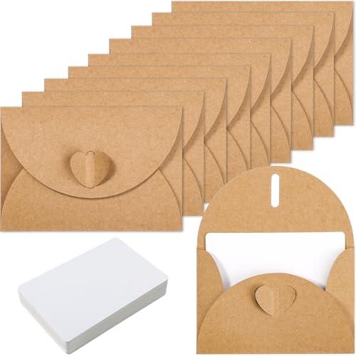 Juego de 50 sobres de papel de estraza vintage con cierre de corazón, románticos sobres con 50 tarjetas en blanco para regalos de dinero, tarjetas de agradecimiento, invitación, bodas, San Valentín