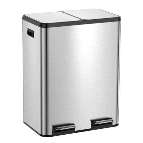 YEAUPE PRO Cubo Basura Cocina 48L Grande, Cubo Doble con Pedal, 2 Compartimentos, Cubos Extraíbles, Acero Inoxidable, Anti Olores
