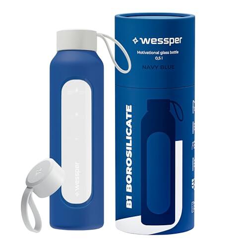 Wessper Botella de Agua Cristal, Botella 500 ml Motivadora con Escala de Hidratación, Botellas de Vidrio Borosilicato con Funda de Silicona, Material Seguro sin BPA - Azul