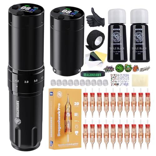 Dragonhawk L2 Pro - Kit de pistola de tatuaje inalámbrica, batería de 2200 mAh, 7 tiempos ajustables, 2,4-4,2 mm, máquina de tatuaje profesional para colorear de forro de precisión