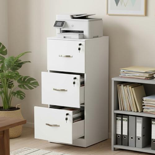 buybyroom Cajonera Oficina, Cajonera Escritorio con 3 Cajones Cerradura y Llaves, Multiusos Armario Archivador con Barras Colgantes para Oficina Escritorio Casa,103.5cm Alto, Blanco