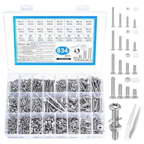 834 PcsTornillos M3 M4 M5 M6, Juego de Tornillos con Tuercas, Tornillos de Cabeza Redonda en Cruz y Tuercas y Arandelas, Tornilleria de Acero Inoxidable