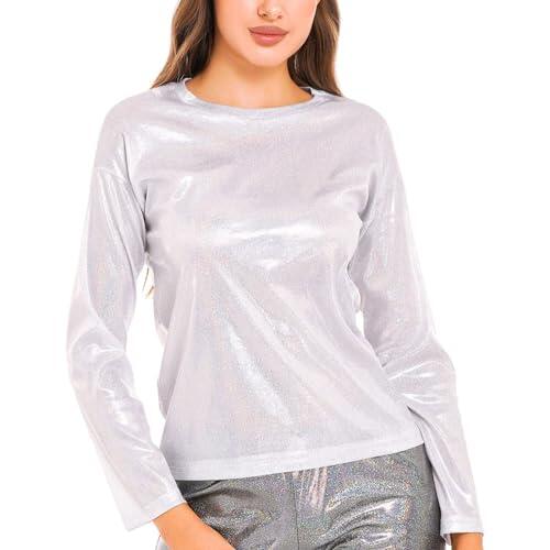 Camisetas Mujer Manga Larga Blusas Mujer Elegantes Cómoda Suave Algodón Manga Larga Estampada Básica Camiseta Brillante Casual Cuello Redondo Ajuste Holgado Blusa Elegante Fiesta