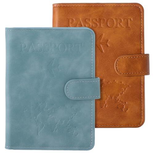2 soportes para pasaporte de viaje de cuero con cierre a presión, funda para pasaportes con bloqueo RFID, cartera de viaje para mujeres y hombres, regalo esencial para el aeropuerto (azul claro/marrón