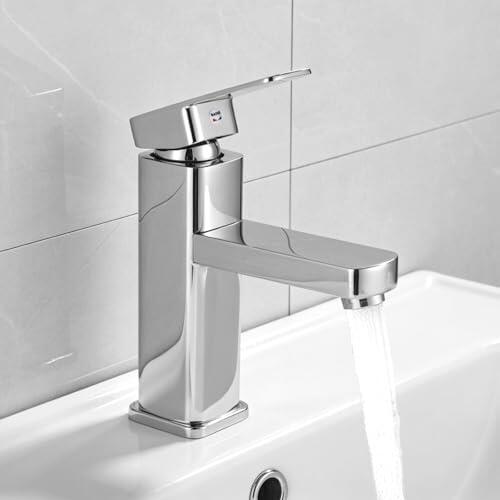 YYTECH Grifo de baño, grifo de lavabo plateado, mezclador de lavabo caliente y frío, grifo monomando plateado mate, grifo de baño para baño, fregadero de acero inoxidable y latón
