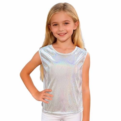 Camiseta De Baile Brillante para Niñas Sin Mangas con Un Solo Hombro Chaleco Moda Metálico para Animadoras Top De Baile Color Puro Chaleco Jazz Hip-Hop Cha-cha