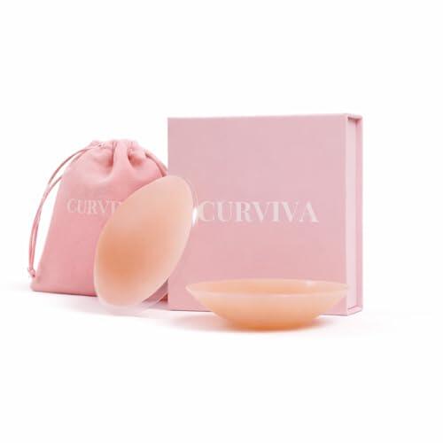 CURVIVA Pezoneras sin Pegamento - Pezoneras Silicona Sin Adhesivo Talla M Tono Caramelo. Cubre Pezones Invisibles, Resistentes y Reutilizables. Ideales para Vestidos sin Sujetador y Ropa Ajustada