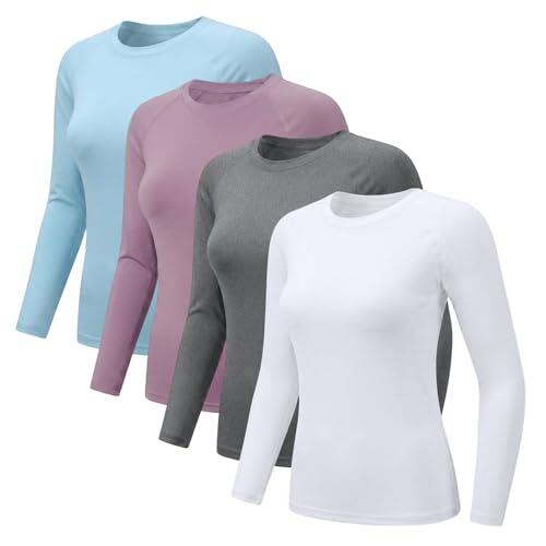 NuCamper 4 Pack Damen Langarmshirt Damen Unterziehshirt Rundhalsausschnitt Langarm Unterhemd Thermoshirt (FR/ES, Letras, L, Regular, Regular, Blanco+Pasta de Judías Rojas+Azul+Gris)