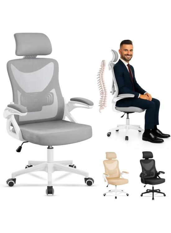 EveryKip® Silla Escritorio Ergonomica Ajustable con Reposabrazos Beige| Ruedas Anti-Arañazos | Sillas Oficina Ejecutiva con Reposacabezas | Cadeira Ergonómica Office Chair (Gris)