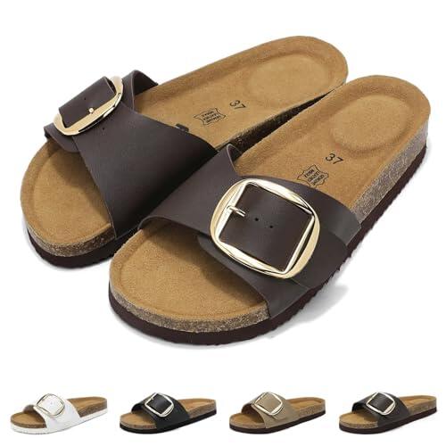 Wizshoe Sandalias Mujer Cómodas Sandalias de Pala Plantilla de Corcho Hebilla Ajustable Zapatillas Verano Punta Abierta Mules Antideslizante Chanclas Plano Marrón 40EU
